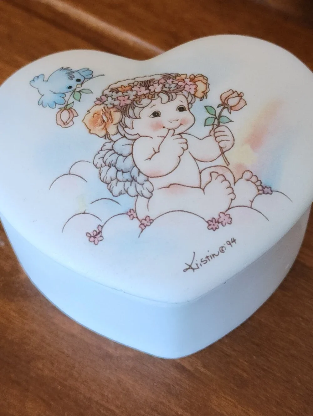 Vtg 1994 Trinket Box Dreamsicles Heart Shape Angel Cherub Floral 2.75